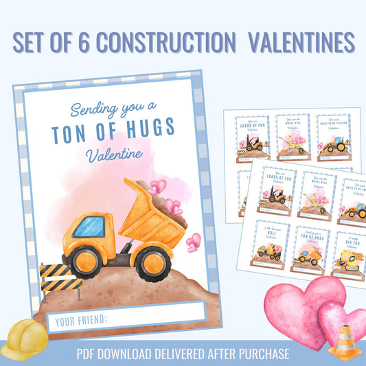 Construction Printable Valentine's Day Card | Watercolor artwork | Set of 6  | Instant Digital Download